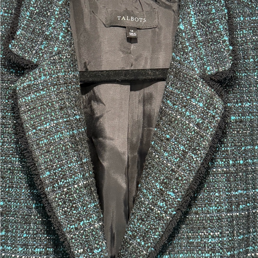 Talbots Black and Green Tweed Blazer Fringed Edges Women Size 14 Classy Loom - Picture 5 of 11